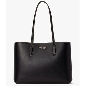 G Kate Spade All Day Large Tote Black Leather + Burgundy Pouch PXR00297 NWT $248